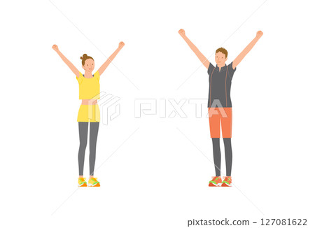 Sports image: Set of smiling young men and women posing with fist pumps Sports image: Set of smiling young men and women posing with fist pumps 127081622