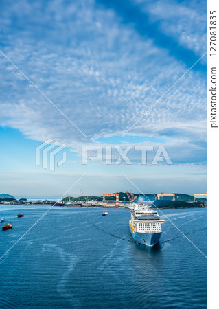 Cruise ship arriving at Nagasaki Port (Spectrum of the Seas) from Megami Ohashi Bridge [Nagasaki City] 127081835