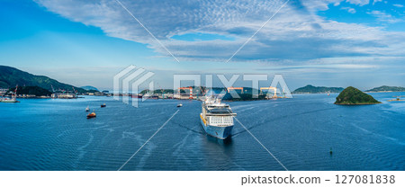 Cruise ship arriving at Nagasaki Port (Spectrum of the Seas) Panorama from Megami Ohashi Bridge [Nagasaki City] 127081838