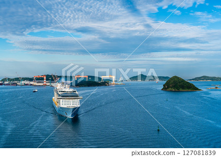 Cruise ship arriving at Nagasaki Port (Spectrum of the Seas) from Megami Ohashi Bridge [Nagasaki City] 127081839