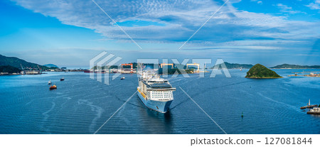 Cruise ship arriving at Nagasaki Port (Spectrum of the Seas) Panorama from Megami Ohashi Bridge [Nagasaki City] 127081844