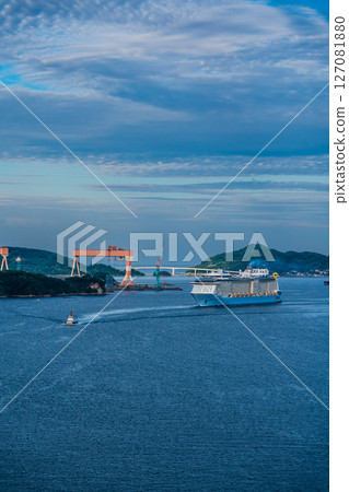 Cruise ship arriving at Nagasaki Port (Spectrum of the Seas) from Megami Ohashi Bridge [Nagasaki City] 127081880