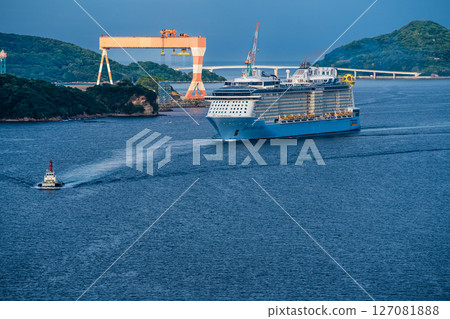Cruise ship arriving at Nagasaki Port (Spectrum of the Seas) from Megami Ohashi Bridge [Nagasaki City] 127081888