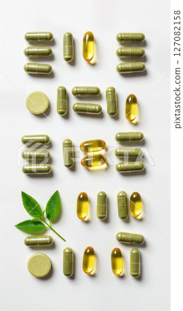 Natural Herbal Supplements and Vitamins Assortment with Green Leaves on White Background 127082158