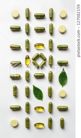 Natural Herbal Supplements and Vitamins Assortment with Green Leaves on White Background 127082159