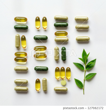 Natural Herbal Supplements and Vitamins Assortment with Green Leaves on White Background Natural Herbal Supplements and Vitamins Assortment with Green Leaves on White Background 127082172