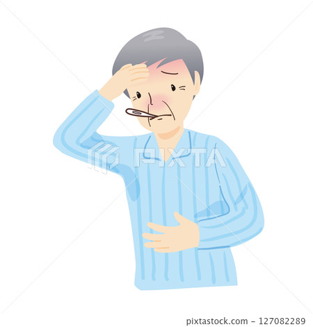 一名穿著睡衣的中年男子正在測量體溫 127082289