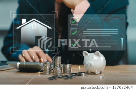 Real estate concept business. Manage your money and savings plan to buy the best home. purchasing a house and saving money. Buy and sell houses and real estate online concept. 127082404