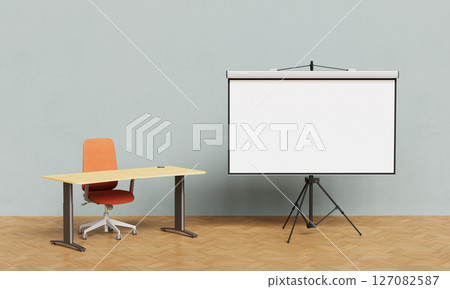 Presentation Setup with Projection Screen, Desk, and Chair Mock up. 3D Rendering. 127082587