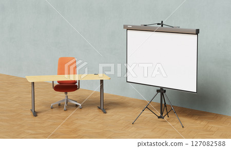 Presentation Setup with Projection Screen, Desk, and Chair Mock up. 3D Rendering. 127082588