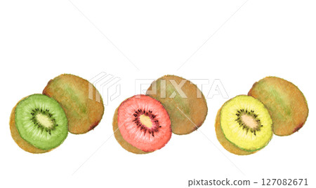 Illustration material of three kinds of fresh kiwi fruit drawn by watercolor [hand-drawn] on white background for cutting 127082671