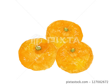 三個甜橙的插圖材料，以水彩 [手繪] 繪製在白色背景上，用於剪切，帶有複製空間 127082672