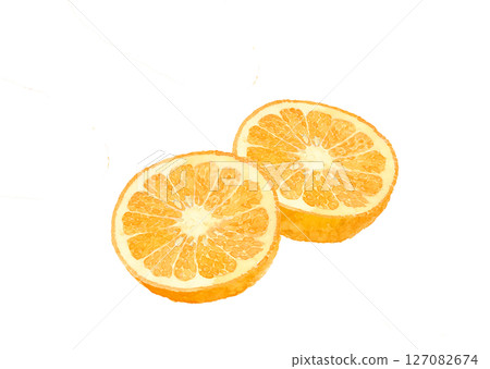 Illustration material of amanatsu cut in half, drawn in watercolor [hand-drawn] on a white background, for cutting out, with copy space 127082674