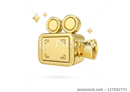 Golden Video Icon, A shining representation of a vintage film camera, rendered in luxurious gold, symbolizes the allure and prestige of filmmaking and visual storytelling, 3d rendering 127082733