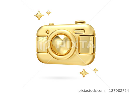 Golden Camera Glamour, 3D rendering of sleek, gold camera radiating luxury and photographic excellence, perfect for visual content creators and photography enthusiasts 127082734