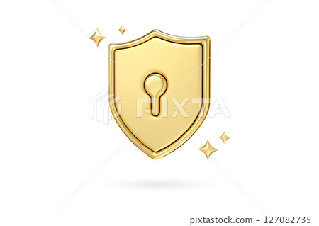 Golden Shield of Protection, A gleaming gold icon symbolizing digital security, data privacy, and online safety, 3d rendering 127082735