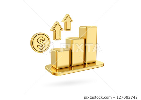 Golden Growth,gleaming gold bar graph ascends steadily, dollar coin nearby, symbolizing financial success and upward trajectory, 3d rendering 127082742