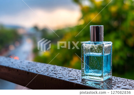 transparent aroma oil bottle with sunlight and water drops, natural clarity 127082836