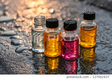 transparent aroma oil bottle with sunlight and water drops, natural clarity 127082837