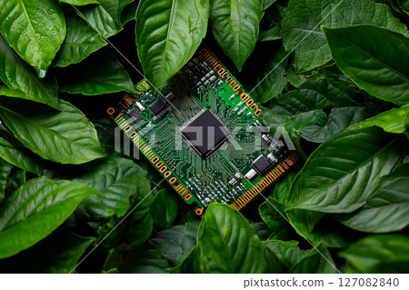 abstract circuit board merging with green leaves, symbol of eco technology abstract circuit board merging with green leaves, symbol of eco technology 127082840