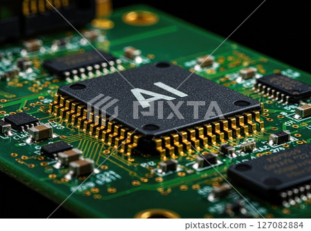AI Microchip on Circuit Board Closeup Artificial Intelligence Hardware Machine Learning Processor Futuristic Technology Concept 127082884