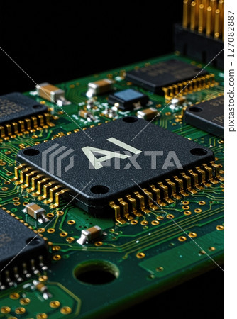 AI Microchip on Circuit Board Closeup Artificial Intelligence Hardware Machine Learning Processor Futuristic Technology Concept 127082887