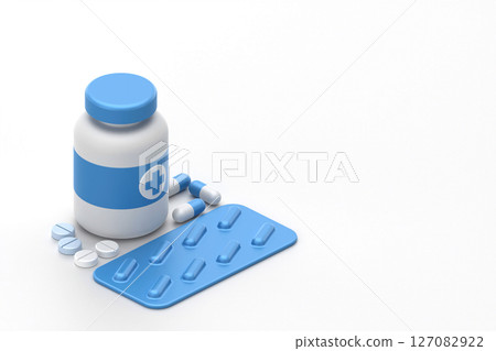 Pill bottle and tablet isolated on white background, isometric view, 3d rendering 127082922