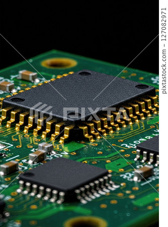 High Resolution Macro Close Up of Modern Microchip on Green Printed Circuit Board with Gold Connectors and Electronic Components for Technology Concepts 127082971