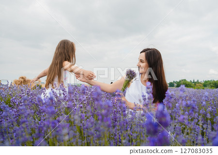 A young woman in a long white dress sits in the middle of a lavender field 127083035