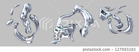 3d metal chrome liquid y2k shapes. Abstract fluid silver elements, mercury drops and splash flow. Glossy platinum blobs, curve wave forms with blue gradient, isolated render icon set. 3D illustration 127083283