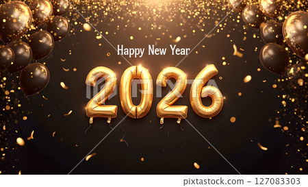 Elegant 2026 New Year Celebration with Golden Balloons and Confetti Sparkle Elegant 2026 New Year Celebration with Golden Balloons and Confetti Sparkle 127083303