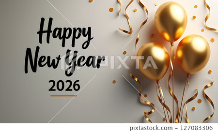 Festive Happy New Year 2026 Celebration with Golden Balloons and Confetti Festive Happy New Year 2026 Celebration with Golden Balloons and Confetti 127083306