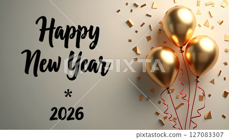 Elegant New Year 2026 Celebration with Golden Balloons and Confetti Decorations Elegant New Year 2026 Celebration with Golden Balloons and Confetti Decorations 127083307