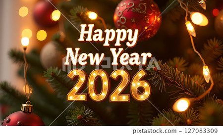 Festive Happy New Year 2026 Celebration with Ornamented Christmas Tree and Lights Festive Happy New Year 2026 Celebration with Ornamented Christmas Tree and Lights 127083309