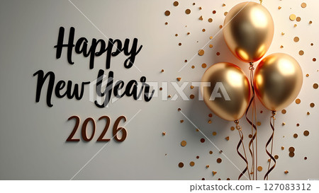 Festive Happy New Year 2026 Celebration with Golden Balloons and Confetti Festive Happy New Year 2026 Celebration with Golden Balloons and Confetti 127083312