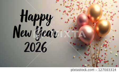 Elegant Happy New Year 2026 Celebration with Balloons and Confetti background Elegant Happy New Year 2026 Celebration with Balloons and Confetti background 127083314