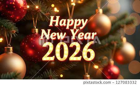 Festive Greetings: Happy New Year 2026 on a Decorated Christmas Tree with Baubles 127083332