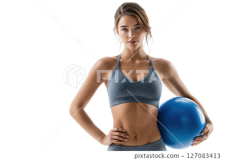 AI-generated item. Fit woman holding a blue exercise ball on transparent background. 127083413