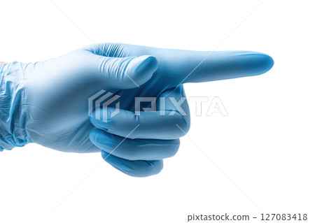 AI-generated item. A blue medical glove pointing to the right on a transparent background. AI-generated item. A blue medical glove pointing to the right on a transparent background. 127083418