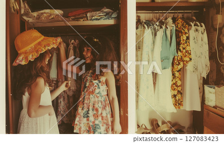 Two young girls, sisters explore a vintage closet filled with dresses and clothes, creating a nostalgic scene from the past. Happy childhood. Polaroid  This is AI-generated item 127083423