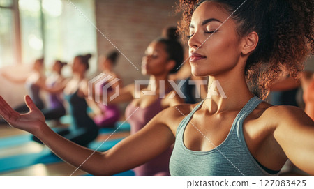 Close up woman doing yoga meditating indoors. Close-up portrait of a woman with her eyes closed, a girl doing breathing practices deep inside herself.  This is AI-generated item 127083425
