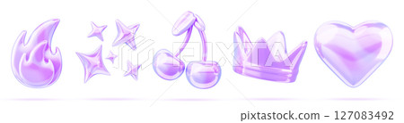 Y2K holographic 3d shape set. Iridescent inflatable crown, cherry, heart, fire and stars render icon. Retro futuristic design elements with bright neon metal gradient of liquid chrome. 3D illustration 127083492