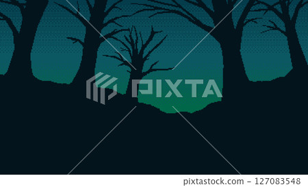Vector pixel art landscape with leafless tree silhouettes against a dark gradient sky. Atmospheric forest scene with moody and mysterious tone. Vector pixel art landscape with leafless tree silhouettes against a dark gradient sky. Atmospheric forest scene with moody and mysterious tone. 127083548