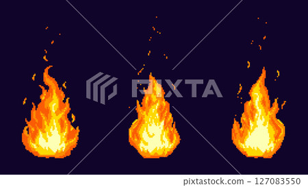 Set of pixel art fire flames. Vector illustration with glowing orange and yellow tones. Stylized sprite sheet for retro video game design. Set of pixel art fire flames. Vector illustration with glowing orange and yellow tones. Stylized sprite sheet for retro video game design. 127083550