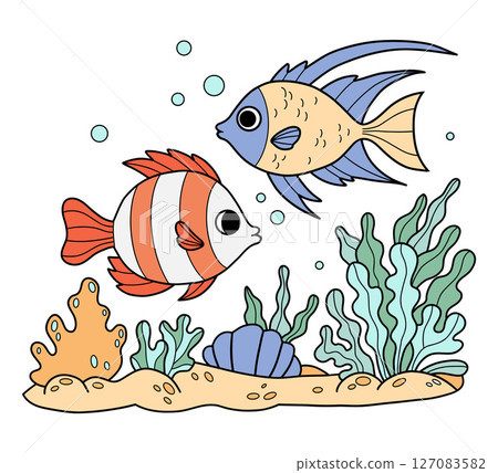 Cute Tropical Fish swim among seaweed, Coral on seabed. Underwater seascape landscape. Color Hand Drawing. Vector illustration. Kids collection Cute Tropical Fish swim among seaweed, Coral on seabed. Underwater seascape landscape. Color Hand Drawing. Vector illustration. Kids collection 127083582