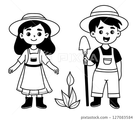 Cute Kids farmer in hats. Gardening girl and boy with garden tool Shovel. Isolated hand drawing Doodle. Vector illustration 127083584