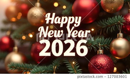 Festive Happy New Year 2026 Celebration with Ornament-Adorned Christmas Tree Festive Happy New Year 2026 Celebration with Ornament-Adorned Christmas Tree 127083601