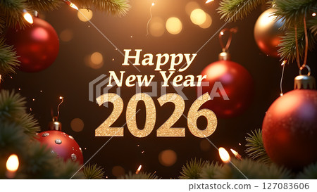 Festive 'Happy New Year 2026' Image with Christmas Ornaments and Bokeh Lights 127083606