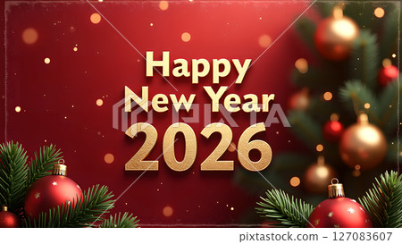 Festive and glittering Happy New Year 2026 message in warm golden tones 127083607
