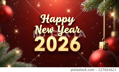 Festive 'Happy New Year 2026' card with ornaments and evergreen branches 127083621
